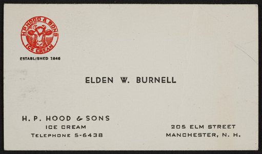 Business card for Elden W. Burnell, 205 Elm Street, Manchester, New Hampshire, undated