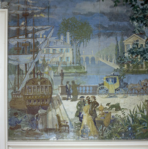 Drawing room mural detail showing ship, Hamilton House, South Berwick, Maine