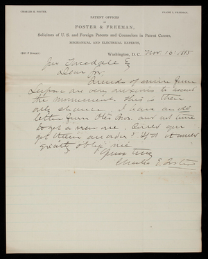 Charles E. Foster to Thomas Lincoln Casey; J. Tweedale to Thomas Lincoln Casey, November 16, 1885