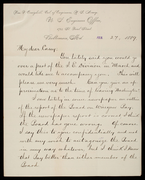 [William] P. Craighill to Thomas Lincoln Casey, February 27, 1889