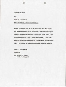 Memorandum from Mark H. McCormack to Peter Oosterhuis Slazengers England file