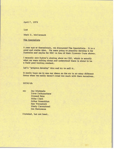 Memorandum from Mark H. McCormack concerning the Specialists