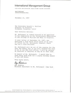 Letter from Ayn Robbins to Gerald L. Baliles