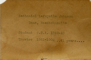 Nameplate for Nathaniel Lafayette Johnson, New Salem Academy student from 1842-43