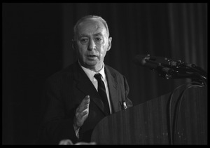 Hans J .Morgenthau, speaking at the National Teach-in on the Vietnam War: half-length portrait at the podium