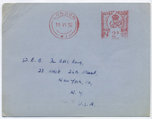 Postcard from the office of Who's Who to W. E. B. Du Bois