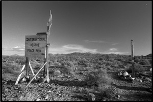 Sign at the Nevada Test Site peace encampment: 'International Desert Peace Park'