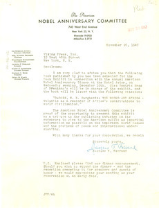 Letter from Nobel Anniversary Committee to Viking Press