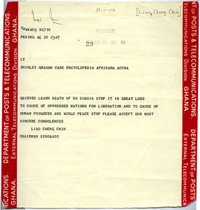 Telegram from Cheng Chih Liao to Shirley Graham