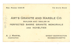 Business card of Art's Granite and Marble Co.