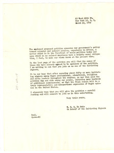 Circular letter from Initiating Sponsors of Petition to President Truman to unidentified correspondent