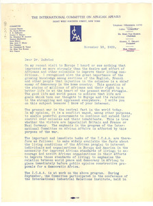 Letter from International Committee on African Affairs to W. E. B. Du Bois