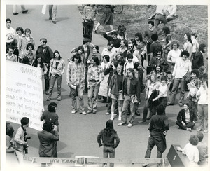 Board of Trustees fee increase demonstration: protestors listening to a speaker in front of the Whitmore Administration Building