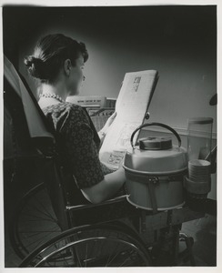 Woman in specially equipped wheelchair