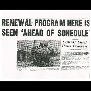 Photocopy of newspaper article, Renewal program here is seen 'ahead of schedule'