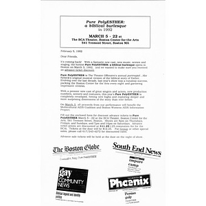 "Pure PolyEsther" at BCA Theater mailing letter
