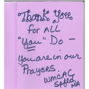 Card from a woman at the Western Massachusetts Correctional Alcohol Center
