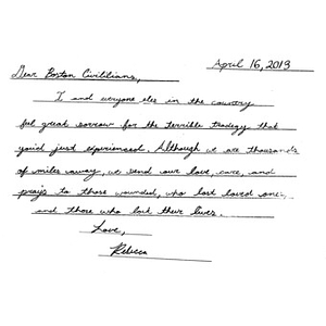 Letter from a student at Canyon Hills Junior High School sent to the City of Boston after the 2013 Boston Marathon bombings (California)