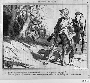 - Que diable peut-il bien y avoir dans ce fourré-là...... c'est peut-être un tigre?..... - Pour sûr, ça n'est pas un lapin.... nous sommes pères de famille, m'sieu Boudignard, allons nous-en!.....