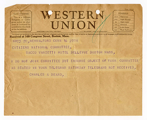 Telegram from Charles A. Beard to Citizens National Committee for Sacco and Vanzetti, August 16, 1927