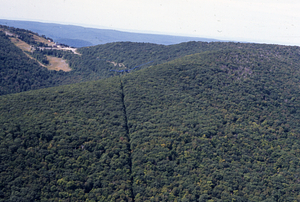 Aerial color image of telephone line cut at crest of Taconic spur ridge with Petersburg Pass in background.