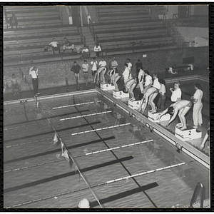 Swimmers prepare to dive off the starting blocks at a Boys' Club swimming championship