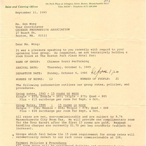 Correspondence, budget, and brochure regarding the China Youth Performing Arts Troupe's visit to Boston October 3-6, 1985