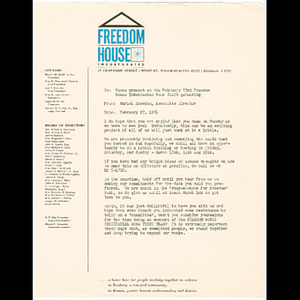 Letter from Muriel S. Snowden to those present at the February 23rd Freedom House Interracial Home Visit gathering