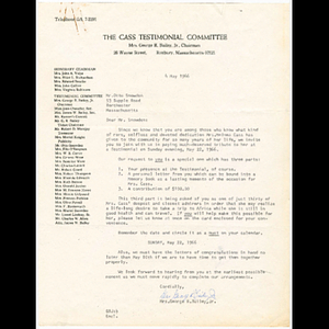 Letter from Mrs. George Bailey to Otto Phillip Snowden about Melnea Cass testimonial