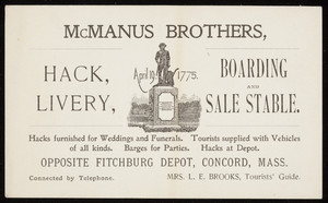 Trade card for McManus Brothers, hack, livery, boarding and sale stable, Concord, Mass., undated
