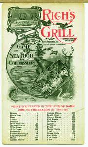 Postcard for Rich's Grill, game and seafood for connoisseurs, 153 Federal Street, Boston, Mass., 1907-1908