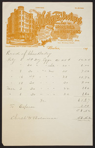 Billhead for Mathews Brothers, dealers in groceries and provisions, 220 Massachusetts Avenue, Boston, Mass., ca. 1890