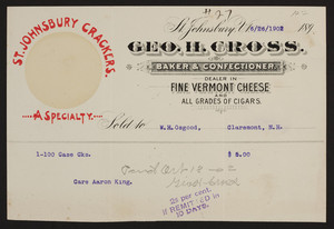 Billhead for Geo. H. Cross., baker & confectioner, Saint Johnsbury, Vermont, dated June 26, 1902