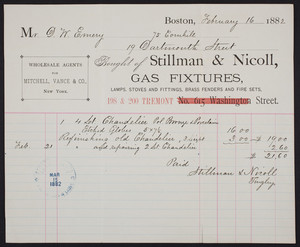 Billhead for Stillman & Nicoll, gas fixtures, 198 & 200 Tremont Street, Boston, Mass., dated February 16, 1882