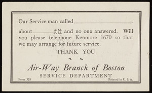 Trade card for Air-Way Branch of Boston, Service Department, Air-Way Electric Appliance Corporation, Toledo, Ohio, 1930s