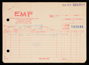 Billhead 103546, July 19, 1962, EMF Electric Supply Co. & Camera Exchange, 110-120 Brookline Street, Cambridge, Mass