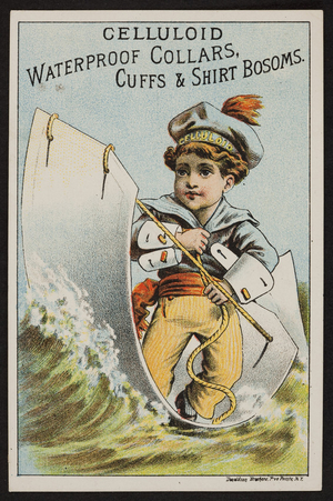 Trade card for celluloid waterproof collars, cuffs & shirt bosoms, location unkown, undated