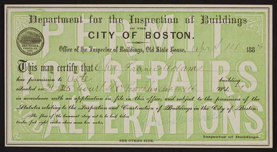 Building permit from the Department for the Inspection of Buildings, City of Boston, Boston, Mass., dated April 14, 1887