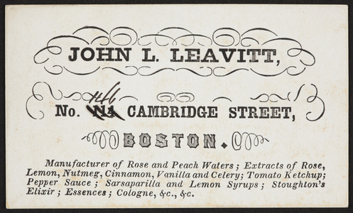 Trade card for John L. Leavitt, manufacturer, No. 146 Cambridge Street, Boston, Mass., undated