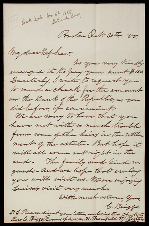 Charles Briggs to Thomas Lincoln Casey, October 30, 1855