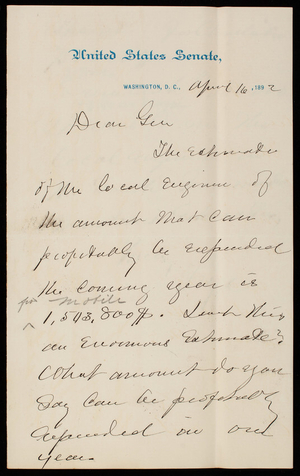 William P. Frye to Thomas Lincoln Casey, April 16, 1892