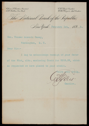 [Charles] H. Stout/National Bank of the Republic to Thomas Lincoln Casey, February 1, 1895