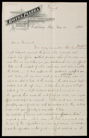 [Cyrus] B. Comstock to Thomas Lincoln Casey, November 13, 1893