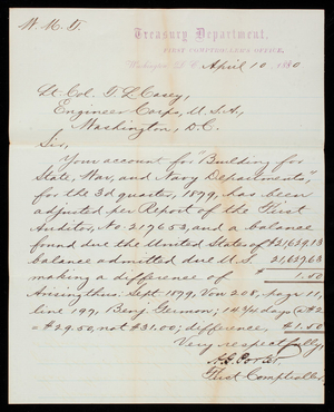 [Albert] G. Porter to Thomas Lincoln Casey, April 10, 1880