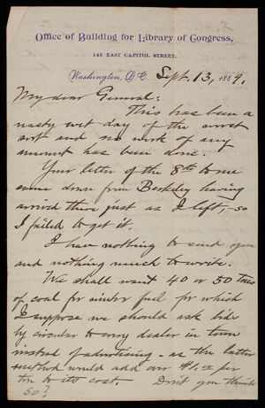 Bernard R. Green to Thomas Lincoln Casey, September 13, 1889