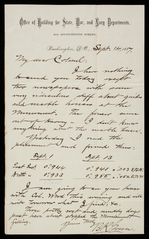 Bernard R. Green to Thomas Lincoln Casey, September 14, 1887