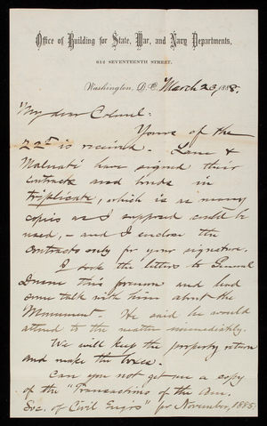 Bernard R. Green to Thomas Lincoln Casey, March 23, 1888