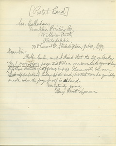 Letter from Benjamin Smith Lyman to Franklin Printing Co.