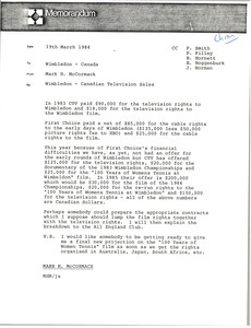 Memorandum from Mark H. McCormack to Wimbledon Canada file