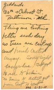 Postcard to Bradley Fisher, presumably regarding the aftermath of the 1938 New England Hurricane